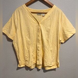 LL Bean Vintage Cottage Core Floral Cropped Button Up Cotton Yellow Large